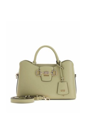 Bolso estructurado de color verde oliva con asas superiores, una correa de hombro desmontable y cierre y detalles de hardware en tono dorado.