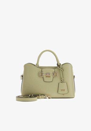 Sac à main structuré vert olive avec poignées supérieures, une bandoulière amovible et une fermeture ainsi que des accents en métal doré.