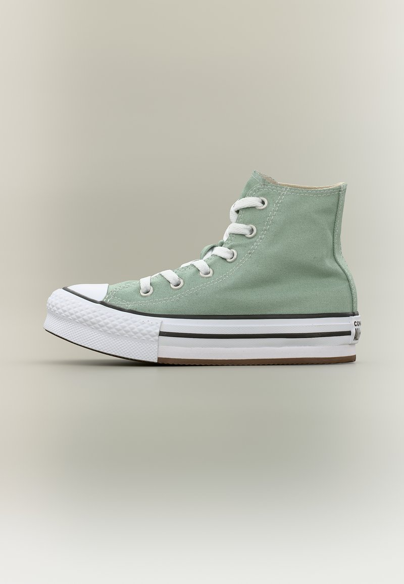 Baskets montantes en toile vert clair avec lacets blancs, bout en caoutchouc et semelle épaisse blanche ornée de bandes noires.