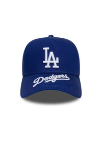 Casquette de baseball bleue avec un design structuré. Présente un logo "LA" brodé en blanc et le mot "Dodgers" en script à l'avant. Arrière ajustable.