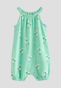 Mintgrøn ribbet romper med blomsterprint, der har spaghetti-stropper, sammensnørende halsudskæring og elastiske manchetter med trykknapper i bunden.
