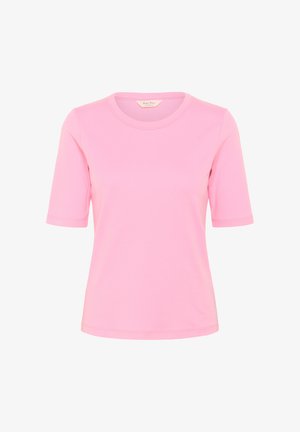 Short-sleeve t-shirt in bright pink, made of cotton blend. Features a round neckline, soft texture, and a relaxed fit.