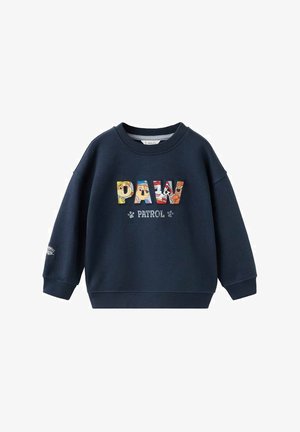 Navy blue sweatshirt with a crew neck, featuring colorful "PAW PATROL" text and character illustrations on the front. Ribbed cuffs and hem.