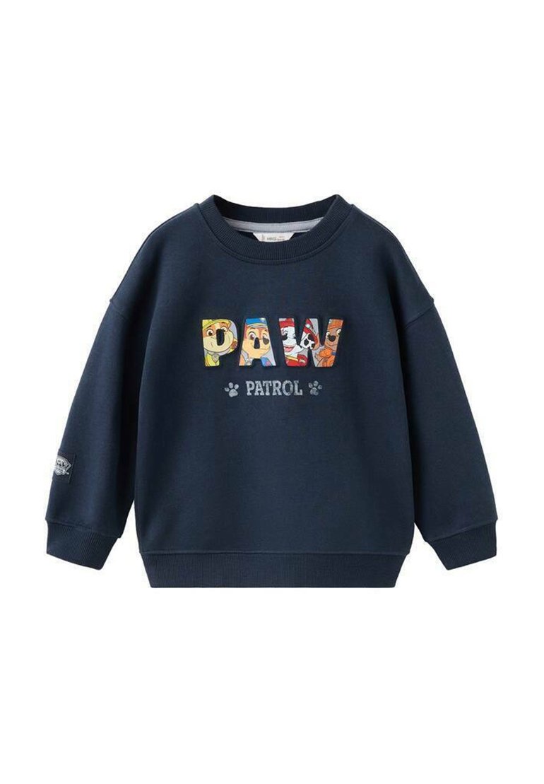 Sweat-shirt bleu marine à col rond, avec le texte coloré "PAW PATROL" et des illustrations de personnages sur le devant. Manches et ourlet côtelés.