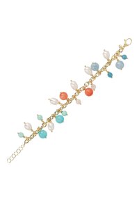 Pulsera de cadena de oro con cuentas coloridas en tonos coral, aqua y perla, con un diseño delicado y cierre de langosta.