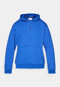 Hanorac albastru cu glugă, cu șnururi, buzunar frontal și accent pe logo negru. Fabricat dintr-un material moale; manșete și tiv ribbed pentru o potrivire bună.