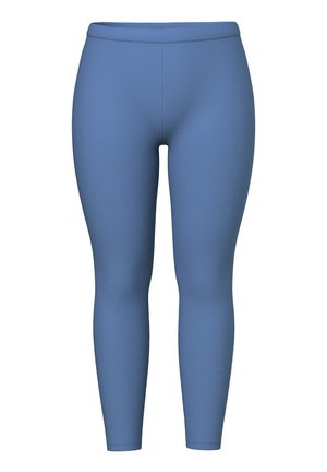 Leggings blu in materiale elasticizzato, con una vita senza cuciture e una texture liscia, che si stringono alla caviglia senza motivi visibili.