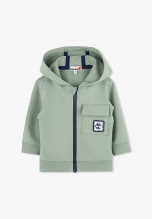 Lichtgroene rits-hoodie van zacht katoen, met een voorzak met marineblauwe afwerking en een logo-label. Geribbelde manchetten en zoom, met capuchon.