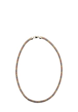 Metallhalskette mit ineinander verwobenen Strängen in Gold-, Silber- und Roségoldtönen. Mit glatter Oberfläche und sicherem Verschluss.