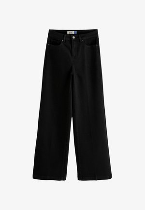 Jeans neri a gamba larga in denim, caratterizzati da una vita alta, due tasche frontali e chiusura con bottone. Texture liscia con bordi puliti.