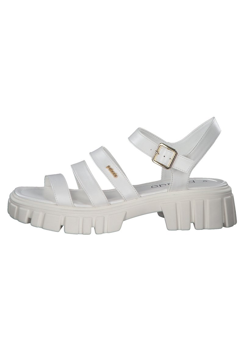 Valkoiset nauhalliset sandaalit paksulla pohjalla, joissa on solkikiinnitys, sileä pinta ja kolme leveää nauhaa jalan päällä.