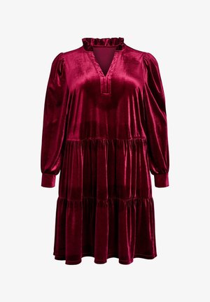 Burgunderfarbendes Samtkleid mit einem gerüschten Ausschnitt, langen Puffärmeln und einem gestuften Rock. Hat einen V-Ausschnitt und eine geraffte Taille.