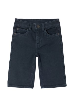 Dark blue denim knee-length shorts with front button, belt loops, and two front pockets including a coin pocket on the right side.