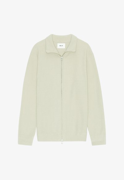 Hellgrüne, gerippte Zip-Up-Strickjacke mit Umlegekragen und langen Ärmeln. Verfügt über einen Metallreißverschluss mit einem schlichten Etikett innen.