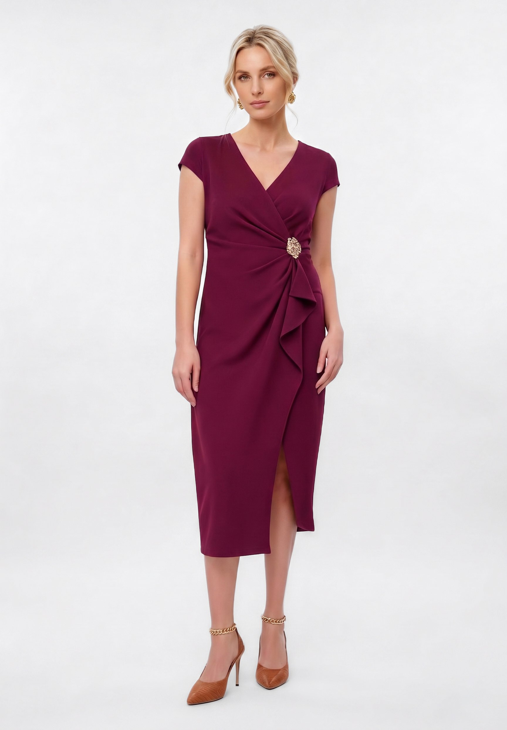 brown dresses cocktail Women's Something to Behold Brown Faux Leather Short Sleeve Belted Midi Dress | Size: L