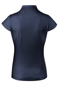 Top corto a maniche corte blu navy con colletto alto. Tessuto morbido ed elastico e vestibilità su misura con orlo dritto e cuciture minime.