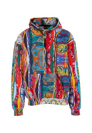 Hooded sweatshirt with vibrant multicolored tribal and geometric patterns in red, blue, yellow, green, and orange.