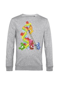 Šedá mikina s barevným, kresleným designem medvědů, kteří šplhají po duhové lettré s žebříkem.