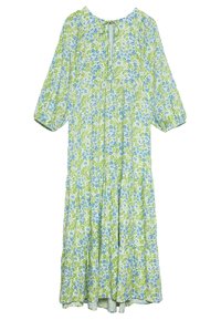 Langes Blumenkleid mit grünem und blauem Blumenmuster, voluminösen Dreiviertelärmeln und einem Frontknoten-Ausschnitt auf einem weißen Hintergrund.