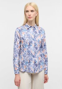 Lange mouwen shirt van lichte stof met een bloemenpatroon in blauw en perziktonen, met een knoopsluiting kraag en een afgeronde zoom.