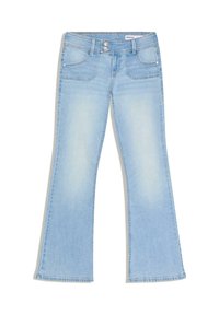 Svetlo modre ohlapne kavbojke z dvojnim gumbnim zapiranjem, sprednjimi žepi in z zbledelimi detajli na stegnih in kolenih.