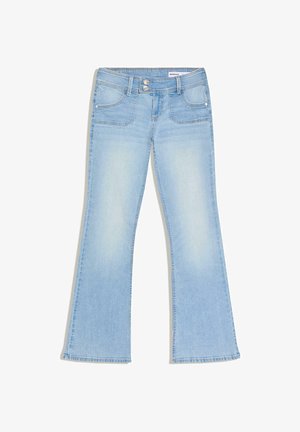 Svijetloplave trapez hlače od trapera s dvostrukim zatvaračem na gumb, prednjim džepovima i izblijedjelim detaljima na bedrima i koljenima.