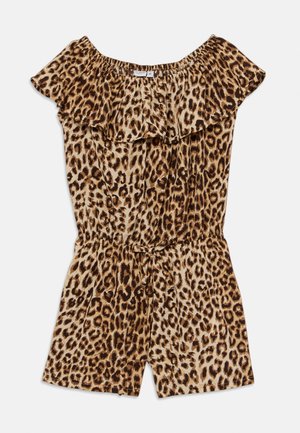 Leopardų rašto jumpsuit su pliūsko kirpimu ant pečių, elastingu juosmeniu, kaklo raišteliu ir trumpomis kojomis. Pagamintas iš lengvos medžiagos.