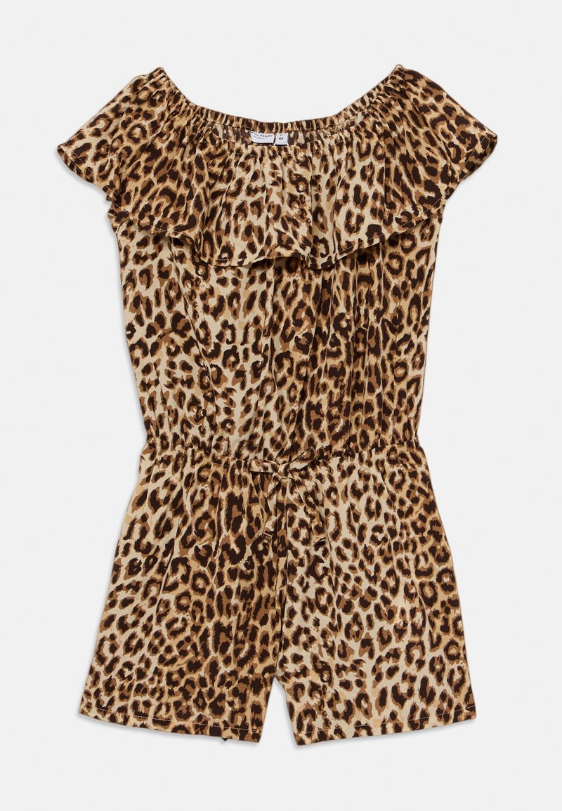Rombak z leopardjim vzorcem z nabranim dekoltejem brez naramnic, elastičnim pasom, detajlom z vezanjem in kratkimi nogami. Narejen iz lahkega blaga.