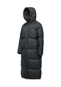 Manteau d'hiver noir en duvet long avec capuche, présentant un design matelassé, de grandes poches et une fermeture zippée à l'avant. Matière lisse et légère.