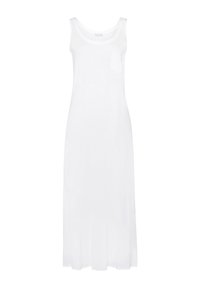 Abito maxi senza maniche bianco realizzato in tessuto leggero, con scollatura rotonda e piccola tasca sul petto, caratterizzato da una silhouette dritta e fluida.