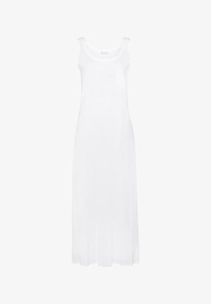 Weißes, ärmelloses Maxikleid aus leichtem Stoff, mit rundem Ausschnitt und kleiner Brusttasche, in geradem, fließendem Schnitt.
