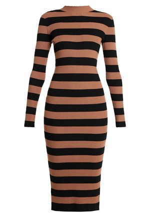 Długa sukienka dzianinowa sięgająca kolan z szerokimi, naprzemiennie ułożonymi poziomymi czarnymi i brązowymi paskami, z okrągłym dekoltem.
