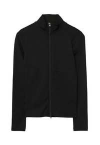 Veste zippée noire à manches longues avec col haut, fermeture éclair frontale sur toute la longueur et design ajusté.