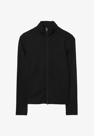 Černá dlouhá zipová bunda s vysokým límcem, předním plným zipem a přiléhavým střihem.