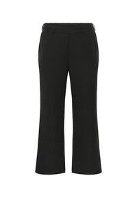 Črne hlače širokega kroja, z gladko teksturo, elastičnim pasom in brez vidnih vzorcev ali kovinskih detajlov.