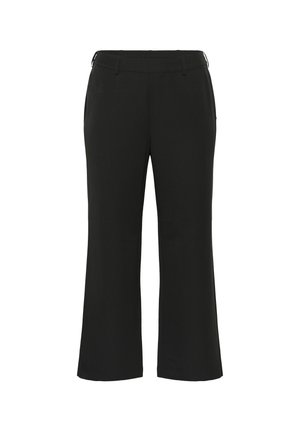 Črne hlače širokega kroja, z gladko teksturo, elastičnim pasom in brez vidnih vzorcev ali kovinskih detajlov.