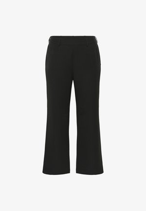 Pantalons noirs avec une coupe évasée, présentant une texture lisse, une taille élastique et sans motifs ni détails en métal visibles.