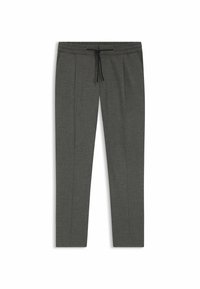 Grey tailored pants with a drawstring waist, featuring a flat front, two pleats, and a smooth texture.