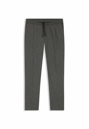Grey tailored pants with a drawstring waist, featuring a flat front, two pleats, and a smooth texture.