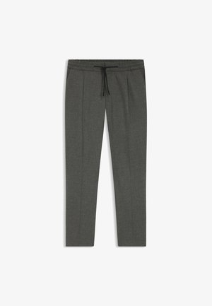 Grey tailored pants with a drawstring waist, featuring a flat front, two pleats, and a smooth texture.