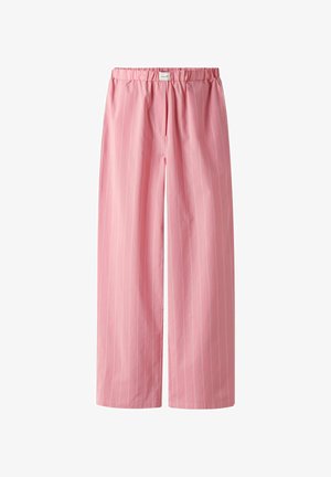Lyse rosa vid bukse med vertikale hvite striper, med elastisk midjebånd for komfort og en glatt, myk tekstur.