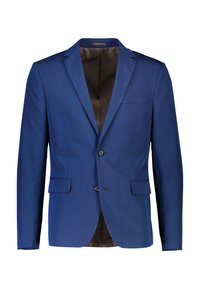 Niebieska marynarka z klapami z wcięciem, dwoma przednimi kieszeniami i dwoma guzikami. Satynowa tekstura, pojedyncze rozcięcie z tyłu, brązowa podszewka wewnętrzna.