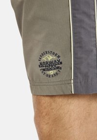Graue Shorts mit strukturiertem Finish, ausgestattet mit einem dunklen Streifen, gelben Nähten und einem runden Logo mit der Aufschrift "Vanderstorm Norway."