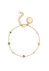 Bracciale in oro con una delicata catena, decorato con pietre rotonde colorate in verde, blu, rosa, giallo e trasparente. Chiusura regolabile.