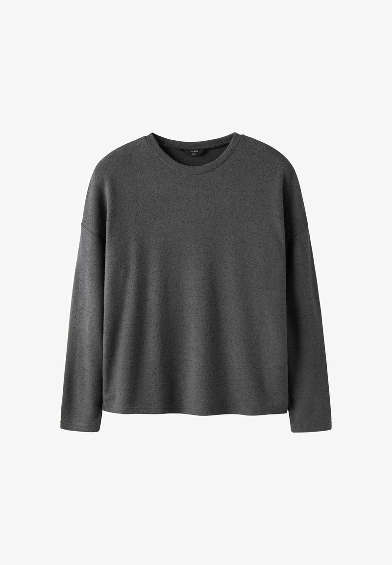 Hall hõlmadeta halli värvi särk, ümar kaelus, lõdva lõikega, pehme tekstuuriga ja kergelt melange muster kogu ulatuses.