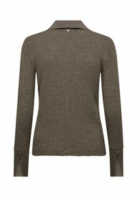 Pulover cu mânecă lungă, cu nervuri, de culoare verde măslin închis. Dispune de un guler pliat și detalii cu buton la spate. Textură moale de tricot.