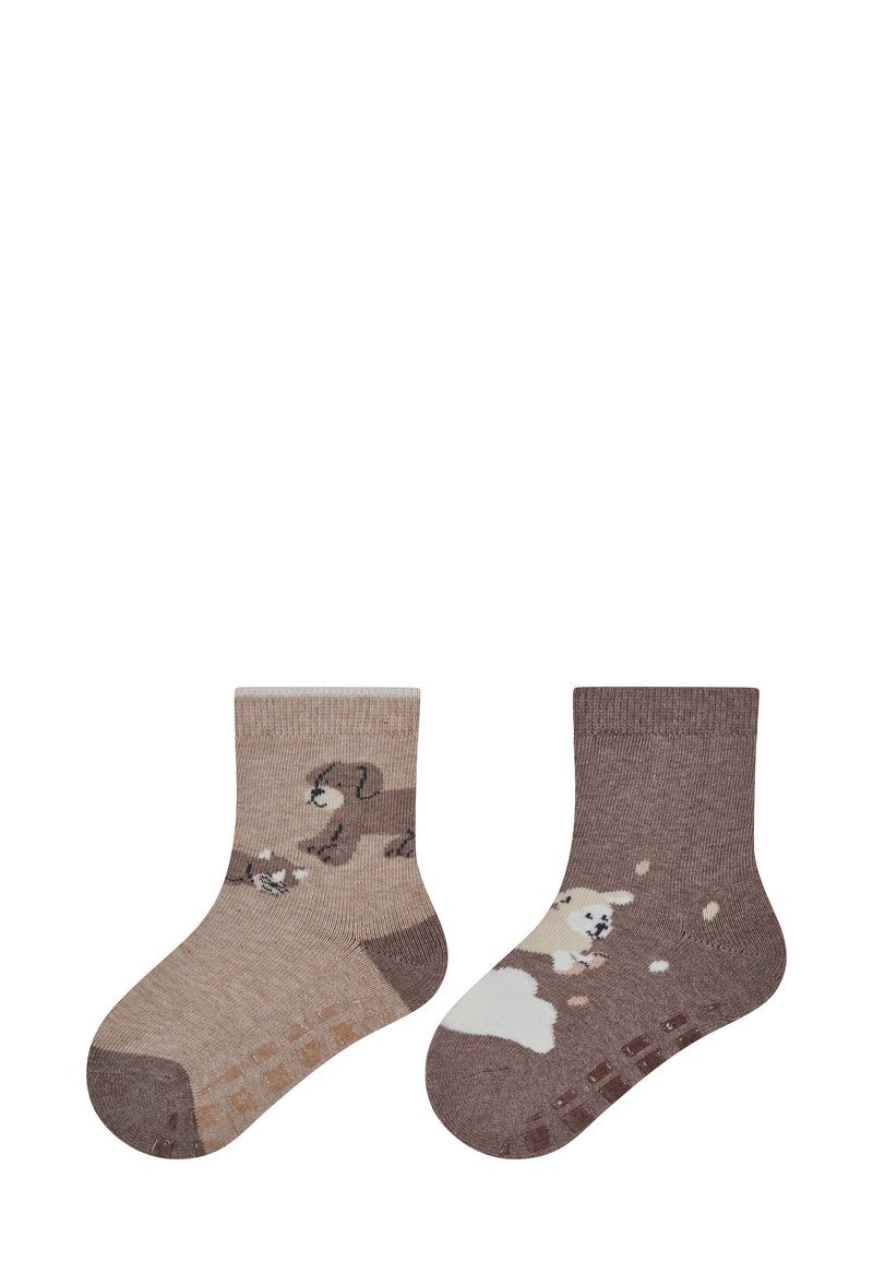 Braune Baumwollsocken mit verspielten Hundemotiven. Eine Socke zeigt einen hellbraunen Hund, die andere einen dunkleren Hund. rutschfeste Beschichtung an der Unterseite.