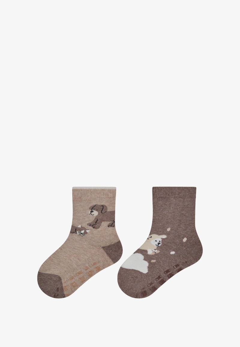 Braune Baumwollsocken mit verspielten Hundemotiven. Eine Socke zeigt einen hellbraunen Hund, die andere einen dunkleren Hund. rutschfeste Beschichtung an der Unterseite.