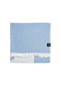 Light blue blanket made of soft fabric with a fringed edge. Features a simple design with a contrasting white pattern.