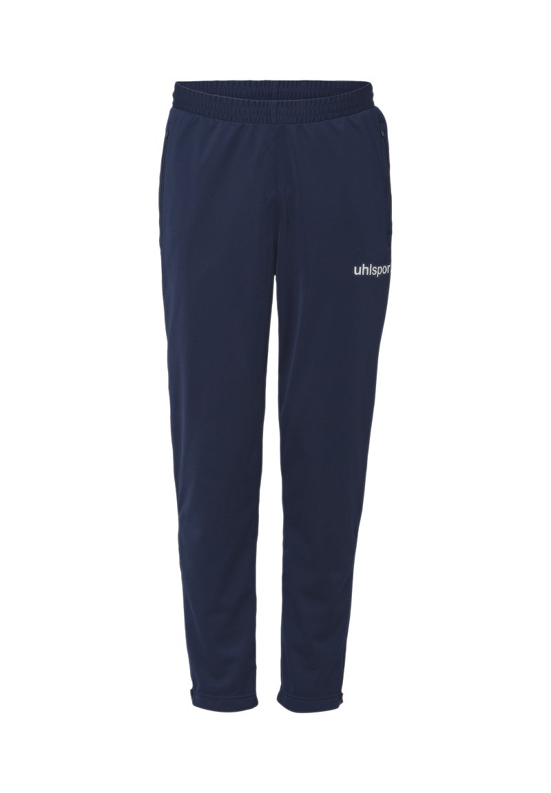 Marineblauwe sportbroek met een elastische tailleband, een taps toelopende pasvorm en een gestructureerde stof. Bevat een wit logo op de linker dij.